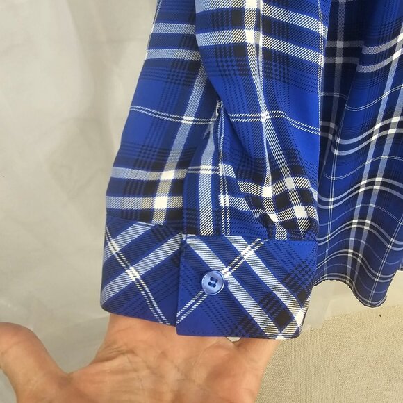 Catherines Blue White Plaid Button Down Shirt Dress Preppy Roll Tab 4X - Picture 3 of 12